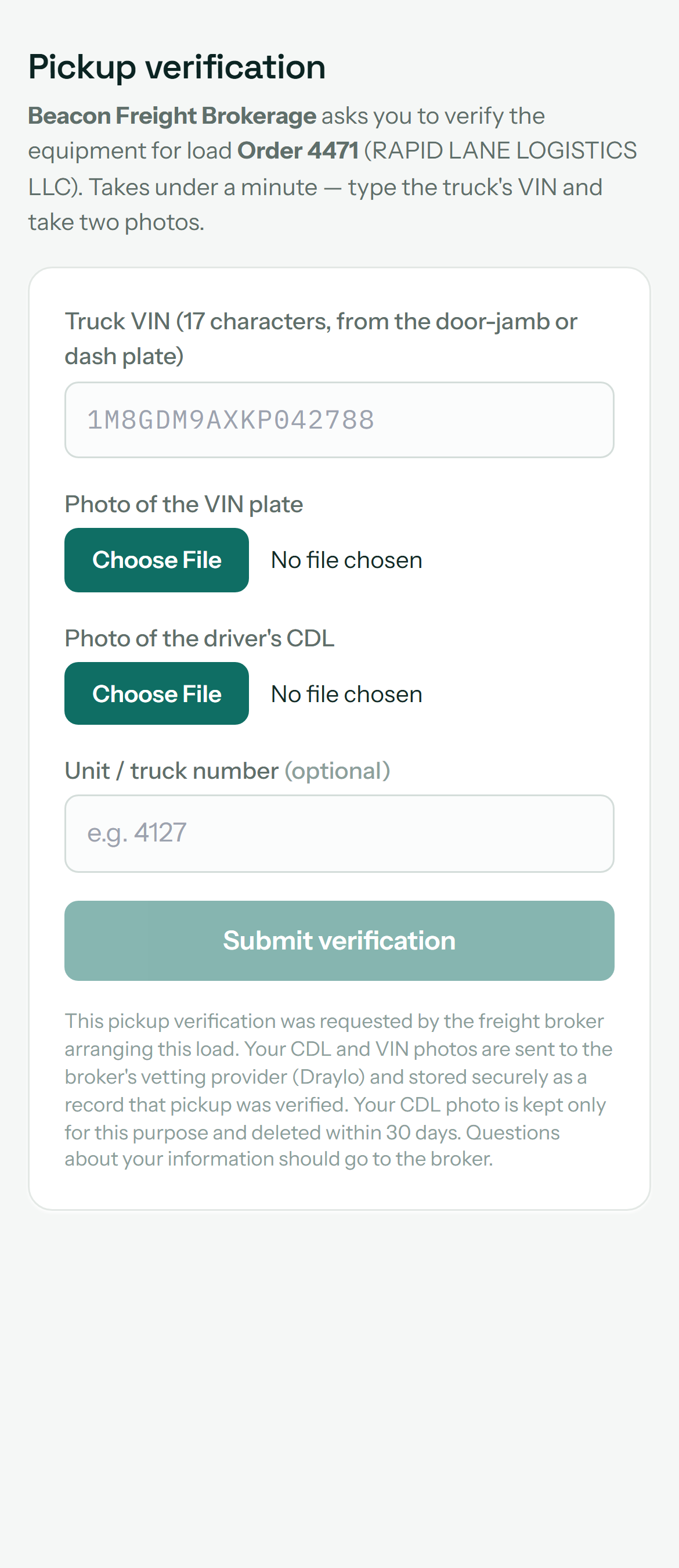 The dockside pickup-verification page on a phone: no login, the truck VIN field, photo uploads for the VIN plate and the driver's CDL, and a plain-language privacy note for the driver. Demo data.