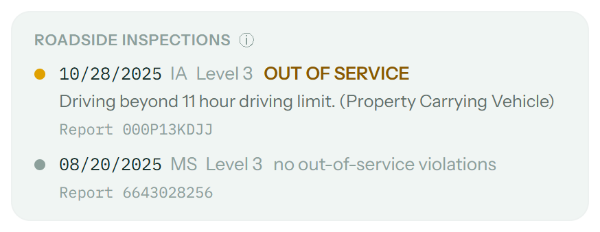 Two roadside inspections listed with dates, states, inspection levels and federal report numbers: 10/28/2025 in Iowa marked OUT OF SERVICE for driving beyond the 11-hour limit, and 08/20/2025 in Mississippi with no out-of-service violations. Demo data.