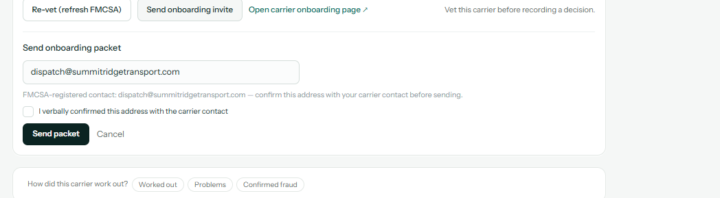 Draylo's send onboarding packet panel with the recipient email field and the confirmation checkbox before sending.