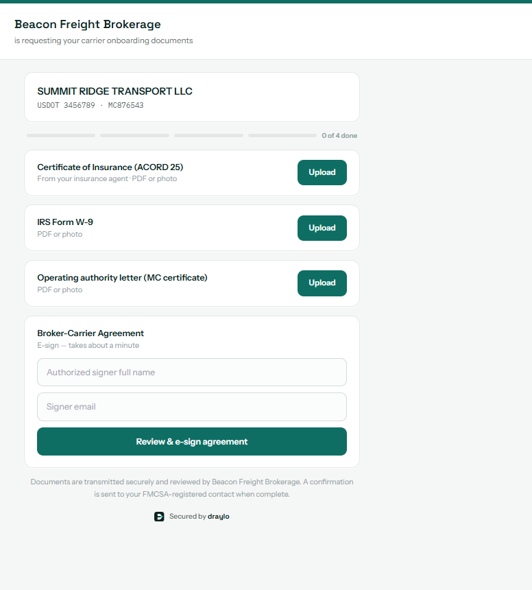 The carrier-facing onboarding page showing the branded header and the packet items including the e-sign agreement step.