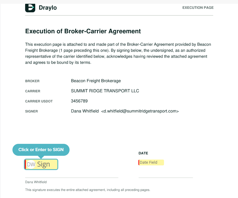 The signing view showing the appended execution page with the parties recap and the signature and date fields placed on their lines.