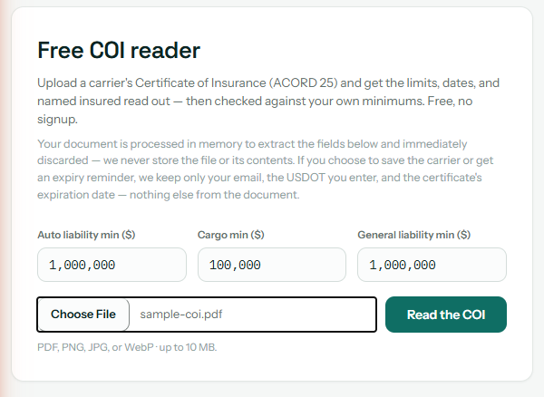 Draylo's free COI reader with the broker's own minimums — auto liability, cargo, and general liability — set above the certificate upload.