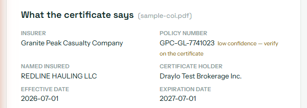 The COI reader's extracted fields from a sample certificate: insurer, policy numbers, auto liability, cargo, and general liability limits, effective and expiration dates, and the named insured.