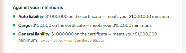 The COI reader's minimums check showing each coverage line judged against the broker's own required limits.