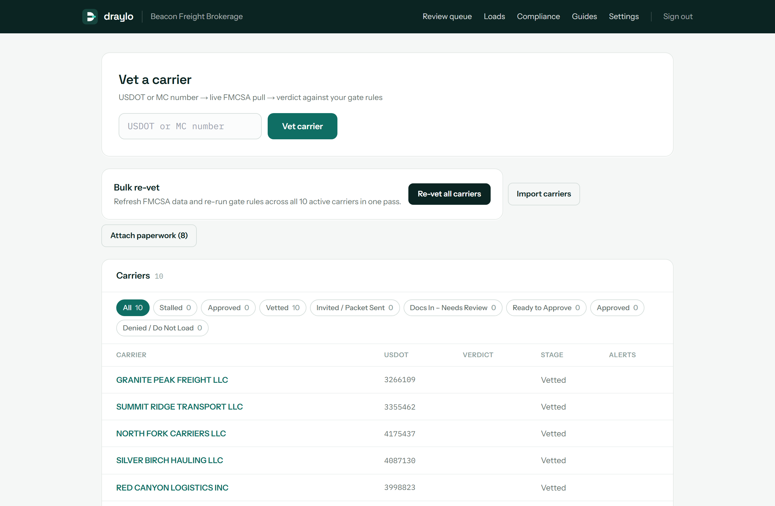 The Draylo dashboard showing an imported carrier book and the Attach paperwork button counting eight carriers with no documents on file.