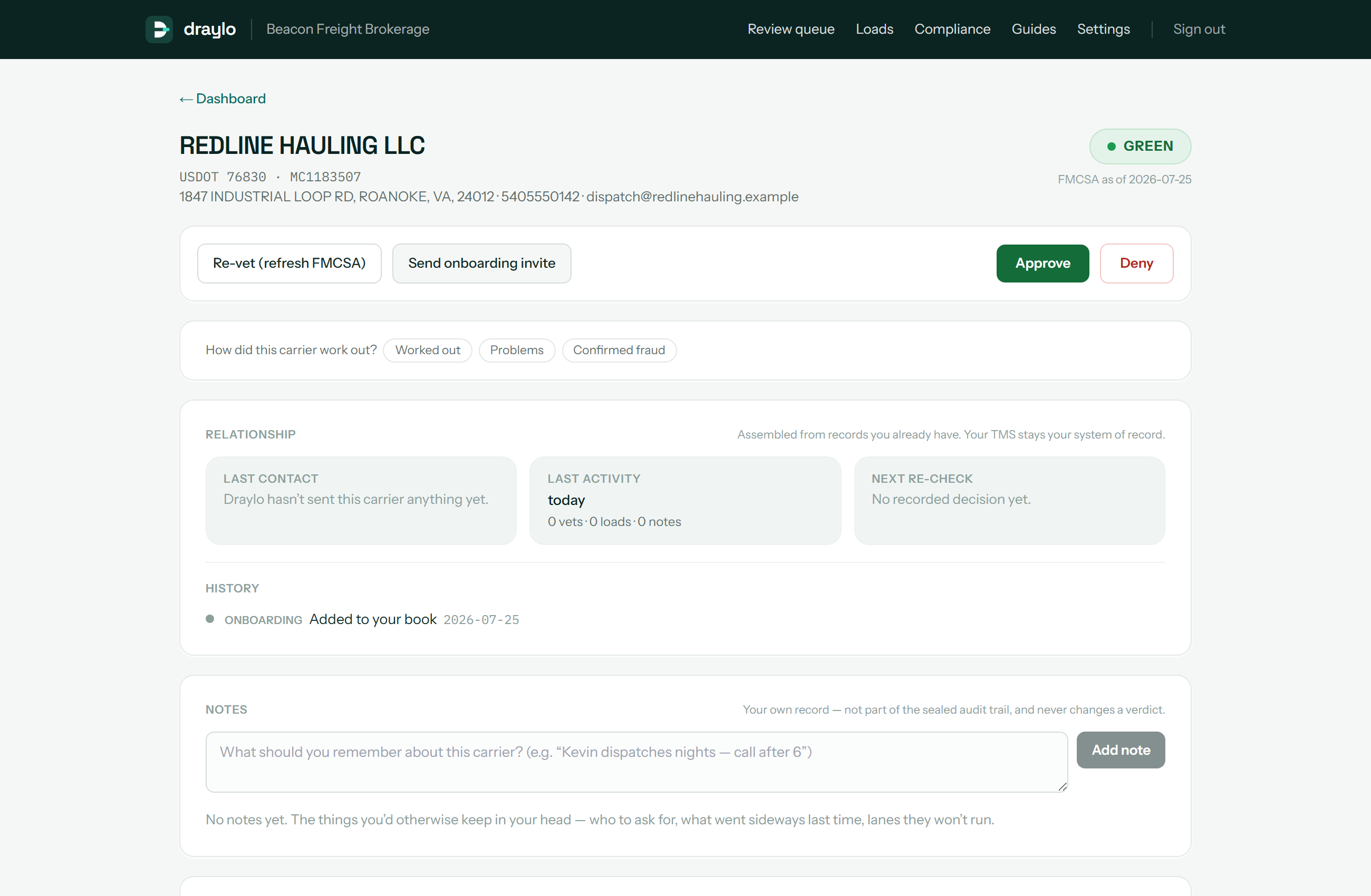 A carrier record in Draylo showing a green verdict against live FMCSA data, with approve and deny actions and the relationship view. Demo data.