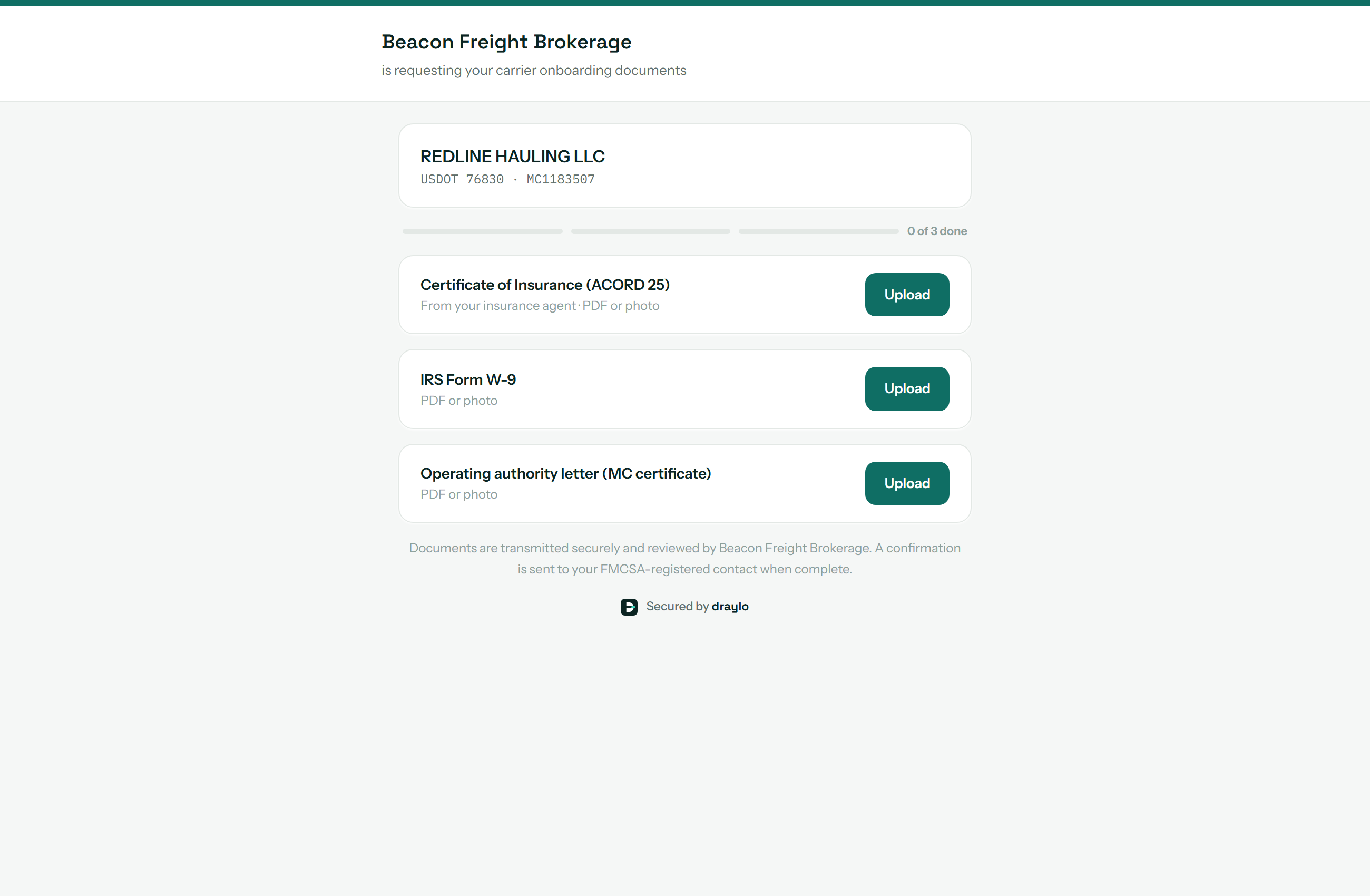 The carrier-facing onboarding page listing the document uploads, branded with the brokerage name. Demo data.