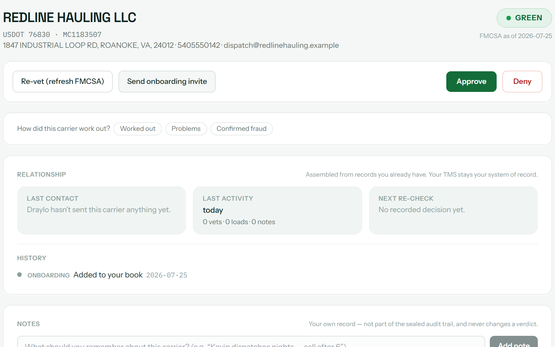 The carrier record header with a green verdict pill. Demo data.